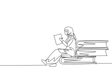 Continuous one line drawing young Arabian female reading, learning and sitting on big books. Study at home. Smart student, education concept, fair. Single line draw design vector graphic illustration