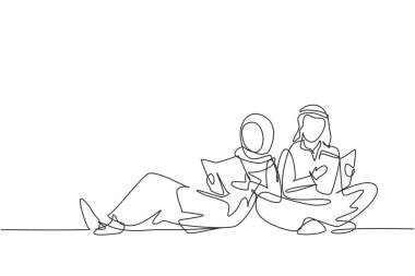 Continuous one line drawing Arabian students woman and man reading, learning and sitting on the floor. Study in library. Literature fans or lovers. Single line draw design vector graphic illustration
