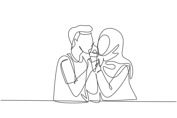 Single One Line Drawing Young Arabian Couple Sharing Ice Cream — Vetor de Stock