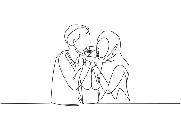 Single One Line Drawing Young Arabian Couple Sharing Hamburger Celebrate — Stok Vektör