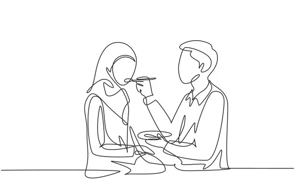 连续一行画浪漫的阿拉伯男子养活他的妻子 一对年轻夫妇在餐馆共进晚餐 庆祝结婚周年纪念日 单行绘图设计矢量图形说明 — 图库矢量图片