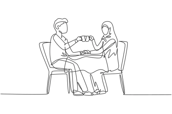 Continuous One Line Drawing Young Arabian Couple Having Romantic Dinner — ストックベクタ