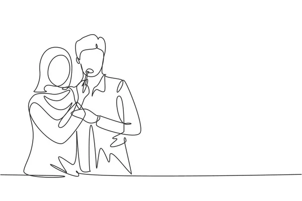 Continuous One Line Drawing Romantic Arabian Woman Feeding Husband Breakfast — Stockový vektor