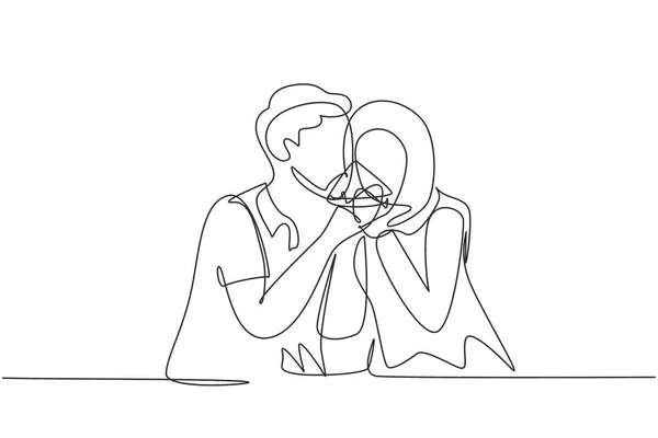 Single One Line Drawing Young Arabian Couple Sharing Pizza Cut — Stockový vektor
