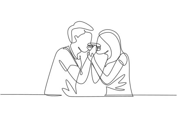 Single One Line Drawing Young Beautiful Couple Sharing Hamburger Celebrate — Archivo Imágenes Vectoriales