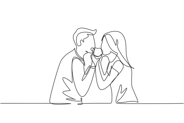 Single One Line Drawing Young Beautiful Couple Sharing Apple Celebrate — Διανυσματικό Αρχείο