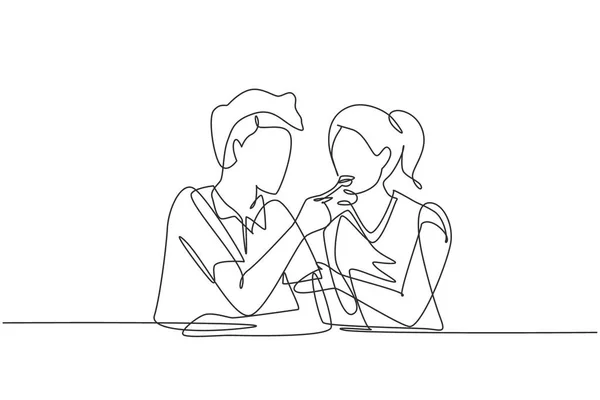 Single Continuous Line Drawing Romantic Man Feeds His Wife Happy — Διανυσματικό Αρχείο