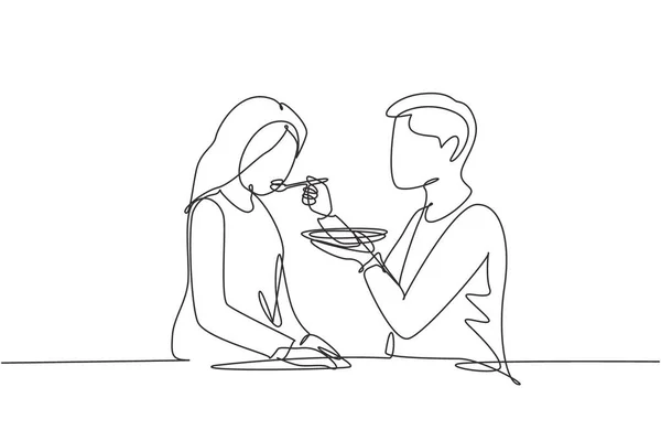 Continuous One Line Drawing Romantic Male Feeds His Wife Happy — Stok Vektör