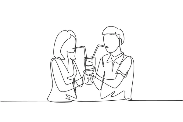 Single Continuous Line Drawing Young Couple Drinking Using Straws Big — Image vectorielle