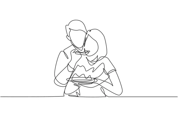 Single One Line Drawing Romantic Man Feeding Wife Breakfast Celebrate — Stockvector