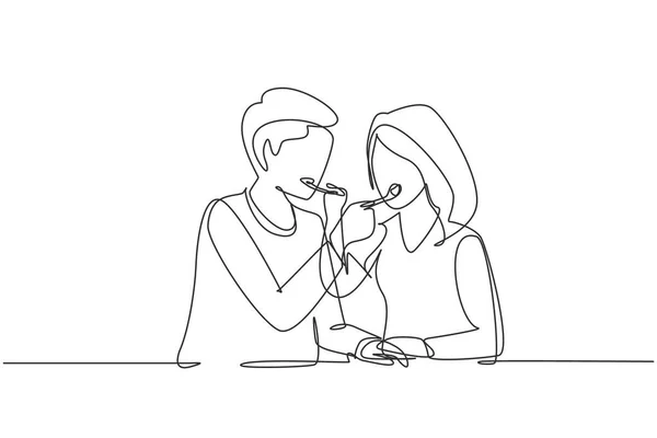 Single Continuous Line Drawing Romantic Couple Feeding Each Other Having — Image vectorielle