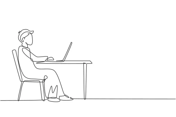 单行画阿拉伯男孩与笔记本电脑坐在桌子周围的椅子上 远程学习 在线课程和学习概念 现代连续线条绘图设计图形矢量插图 — 图库矢量图片