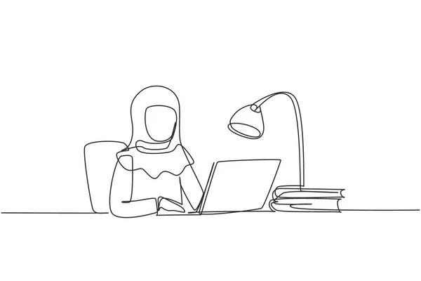 Single Continuous Line Drawing Arabian Girl Studying Laptop Study Lamp — Stockvector