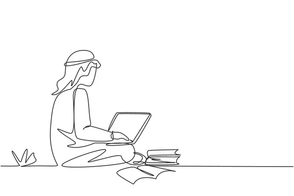 连续一行画阿拉伯男生 带着笔记本电脑 成堆的书 坐在公园里学习 回到学校 在线教育 单行绘图设计矢量图形说明 — 图库矢量图片