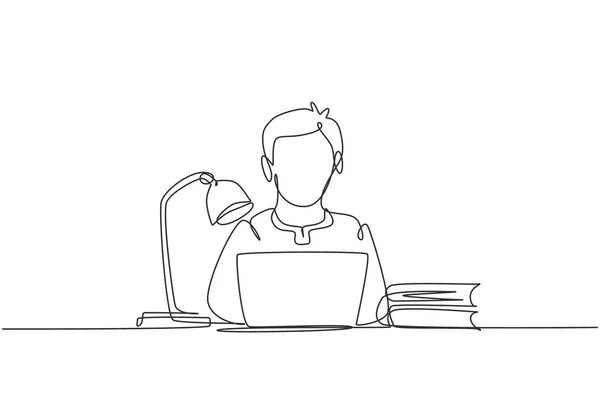 Single One Line Drawing Arabian Boy Studying Laptop Study Lamp — Vector de stock