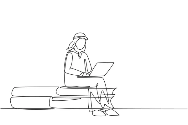 Continuous One Line Drawing Young Arabian Man Studying Laptop Sitting — Image vectorielle