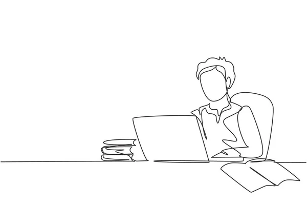 Continuous One Line Drawing Young Arabian Boy Studying Laptop Pile — Archivo Imágenes Vectoriales