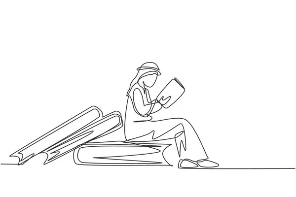 Single One Line Drawing Young Arab Student Male Reading Learning — Stok Vektör