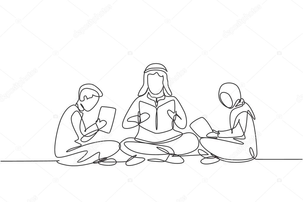 Single continuous line drawing Arabian male teacher and two students boy and girl reading, learning and sitting together. Study in library. Dynamic one line draw graphic design vector illustration