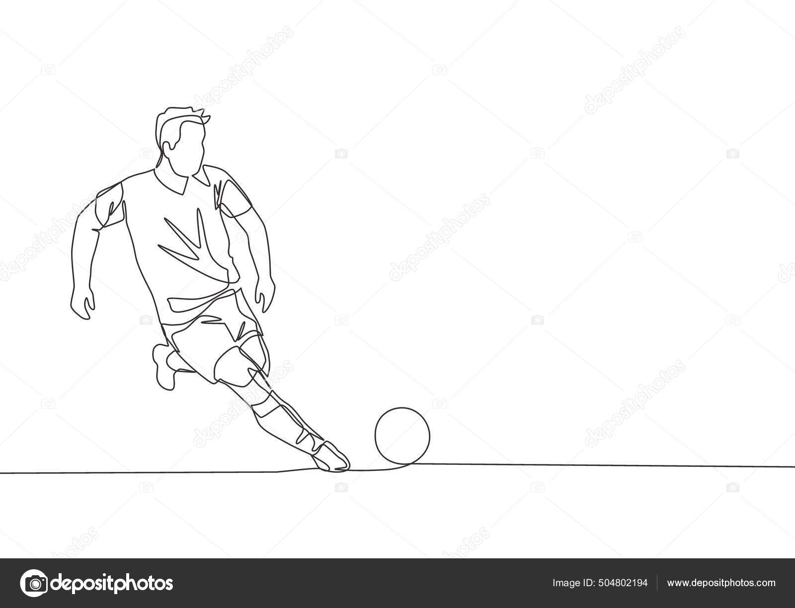 Um desenho de linha de um jovem atacante de futebol enérgico faz uma  cobrança de falta no jogo de futebol