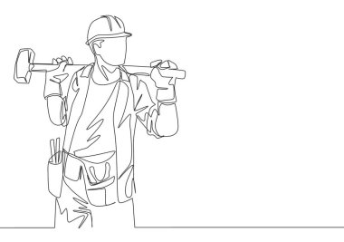 Üniforma, kemer ve miğfer takan genç inşaatçıların çekiç tutarken çizdiği tek bir çizgi. Zanaatkar ev onarım servisi konsepti. Devamlı çizim tasarımı illüstrasyonu