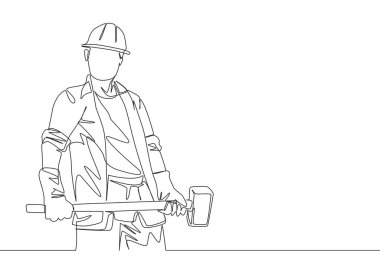 Üniforma, kemer ve miğfer takan genç inşaatçıların çekiç tutarken çizdiği tek bir çizgi. Zanaatkar ev onarım servisi konsepti. Devamlı çizim tasarımı illüstrasyonu