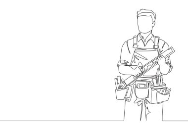 Ruh seviyesini korurken inşaat üniforması giyen genç işçinin tek sıra çizimi. Zanaatkar ev onarım servisi konsepti. Bir çizgi çizimi tasarım illüstrasyonu