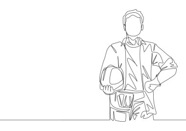 Genç zanaatkârların miğfer tutarken inşaat üniforması giydiği tek bir çizgi. Tamirhane yenileme servisi konsepti. Devamlı çizim tasarımı illüstrasyonu