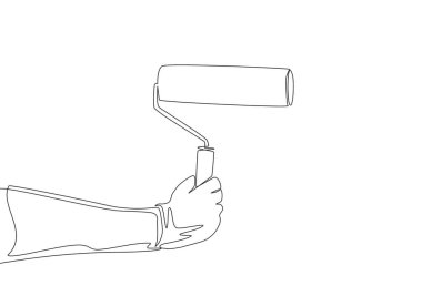 Boya silindiri kullanarak duvarları boyayan genç bir tamircinin sürekli çizdiği tek çizgi. Ev bakımı hizmeti konsepti bir satır tasarım illüstrasyonuName