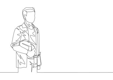 Genç ve çekici inşaatçıların miğfer tutarken çizdiği tek bir çizgi. İnşaat hizmeti konsepti sürekli çizgi tasarımı çizimi çizimi illüstrasyonu