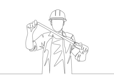 Elinde mezura tutan çekici genç adamın tek bir çizimi. İnşaat hizmeti konsepti oluşturuluyor. Sürekli çizgi çizimi tasarımı illüstrasyonu