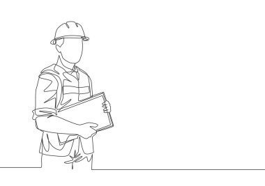 Genç ve çekici ustabaşının, elinde pano tutarken inşaat gelişimini kontrol ettiği tek sıra çizimi. İnşaat hizmeti konsepti ilk çizgi tasarım illüstrasyonu