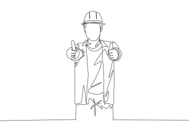 Genç yakışıklı tamircinin baş parmak hareketi yaptığı tek bir çizim. Ev yenileme hizmeti konsepti kesintisiz çizgi tasarım çizimi illüstrasyonuName