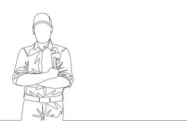 Üniformalı ve boru anahtarı tutan genç ve yakışıklı bir tesisatçı çizimi. Ev bakımı hizmeti konsepti sürekli çizgi tasarım çizimi illüstrasyonuName