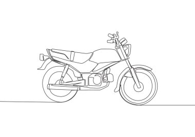 Antika motosiklet logosunun tek bir çizgisi. Klasik kırsal motosiklet konsepti. Devamlı çizgi çizimi tasarım vektörü illüstrasyonu