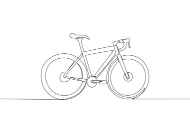 Dağ bisikleti logosunun aralıksız çizdiği tek çizgi. Şehir bisikleti işe gidiyor ve yeşil hareket konseptine geçiyor. Bir çizgi çizimi tasarım vektörü illüstrasyonu