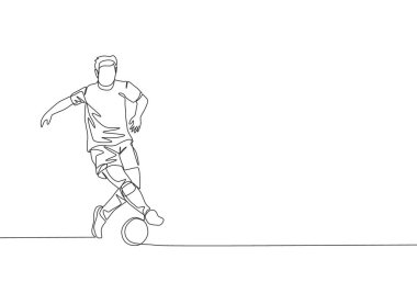 Genç enerjik futbolcunun sürekli çizdiği bir çizgi oyunda topu kontrol edip sallıyor. Futbol maçı spor konsepti. Tek çizgi çizimi tasarım vektör çizimi