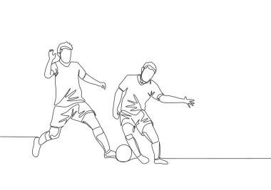 Genç enerjik futbolcunun rakip oyuncuya top sürerken ve rakip sahaya koşarken sürekli çizdiği tek çizgi. Futbol maçı spor konsepti. Bir çizgi çizimi tasarım vektörü illüstrasyonu