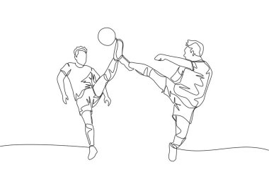 İki genç ve enerjik rakip futbolcunun tek çizgi çizimi topu almak için topa vuruyor. Futbol maçı spor konsepti. Bir çizgi çizimi tasarım vektörü illüstrasyonu