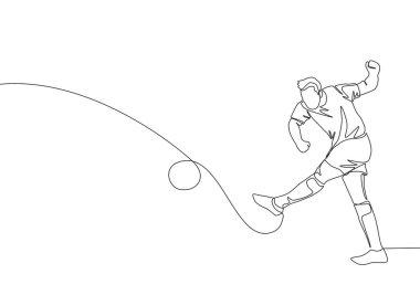 Genç tutkulu futbolcunun sürekli çizdiği tek çizgi topa sert bir şekilde vurması rakibinin kalesine. Futbol maçı spor konsepti. Bir çizgi çizimi tasarım vektörü illüstrasyonu