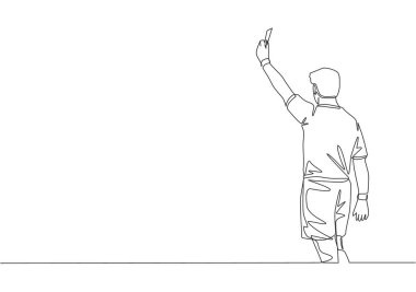 Genç hakemin çizdiği tek bir çizgi maçtaki faul için sarı kart aldı. Futbol sporu konsepti. Devamlı çizgi çizimi tasarım vektörü illüstrasyonu