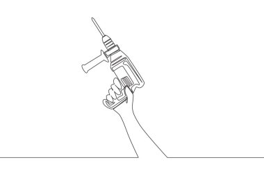 Elektrikli matkap tutan adamın tek bir çizgisi. Tamirci aletleri konsepti. Aralıksız çizgi çizimi vektör tasarımı illüstrasyonu