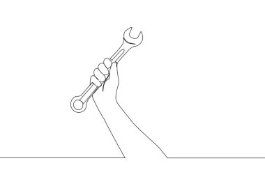 Paslanmaz çelik anahtarı tutan tek bir adam çizimi. Tamirci ve tamirci aletleri konsepti. Aralıksız çizgi çizimi vektör tasarımı illüstrasyonu