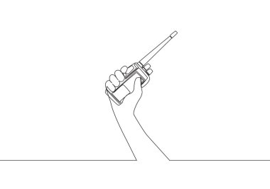 İletişim kurmak için telsiz tutan tek bir adamın çizimi. İletişim cihazı konsepti. Aralıksız çizgi çizimi vektör tasarımı illüstrasyonu