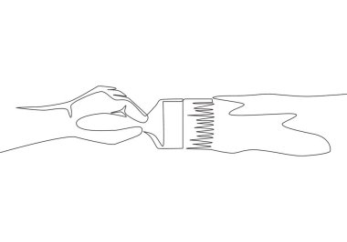 Genç işçilerin boya fırçasıyla duvarları boyadığı kesintisiz bir çizgi. Boya duvarı yenileme hizmeti konsepti. Tek çizgi çizimi tasarım illüstrasyonu