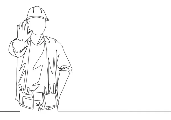 One Continuous Line Drawing Young Handyman Lift His Hands Giving — Stock Vector