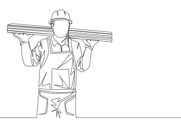Jedna Souvislá Kresba Mladého Dřevorubce Uniformě Helmě Rukavicích Při Nošení — Stockový vektor