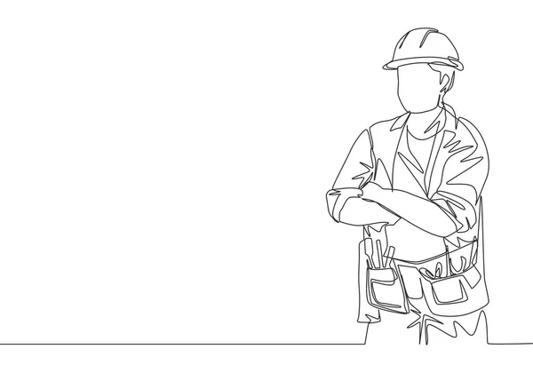 Dessin Ligne Continu Jeune Constructeur Construction Portant Uniforme Ceinture Outils — Image vectorielle