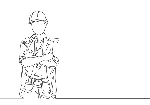 一个年轻英俊的工匠手握锤子 双手交叉放在胸前的连续线条画 房屋维修服务概念单线绘图设计图 — 图库矢量图片