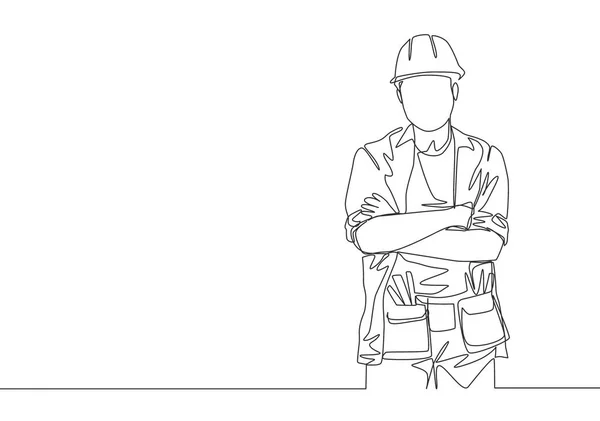 One Continuous Line Drawing Young Attractive Handyman Pose Crossing Hands — Stock Vector